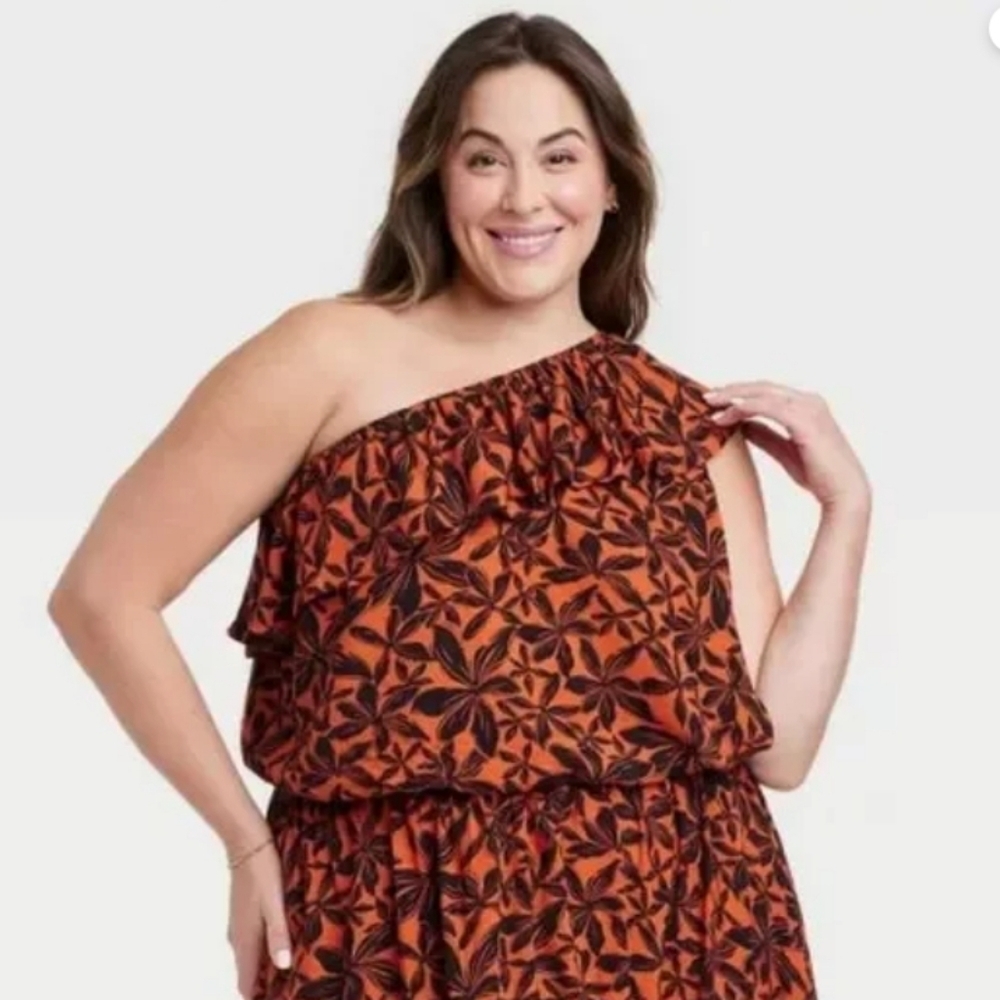 Ava & Viv Black floral One Shoulder Ruffle Top Blouse